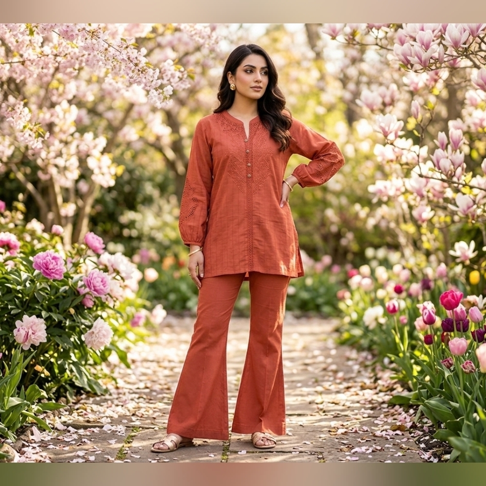 Rust Embroidered Tunic & Flared Pants- Co-Ord Set With Chiffon Scarf/Duppata
